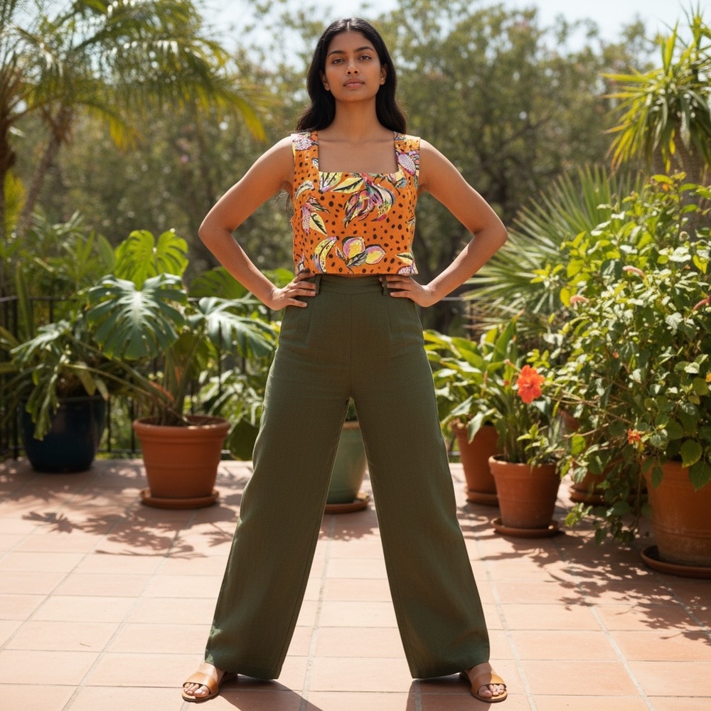 SOLD Tropical Orange Linen blend Floral Crop Top Large - Picture 12 of 12